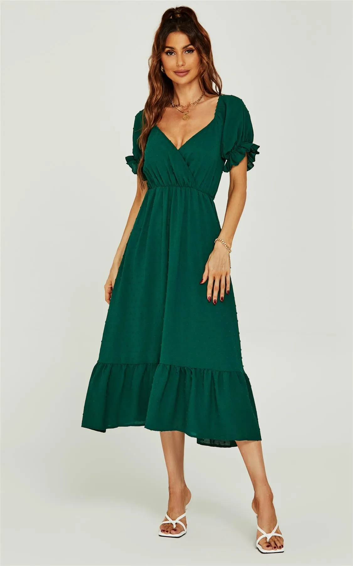 Puff Sleeve Wrap Style Midi Dress In Dark Green