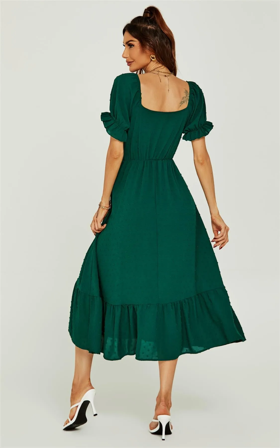 Puff Sleeve Wrap Style Midi Dress In Dark Green