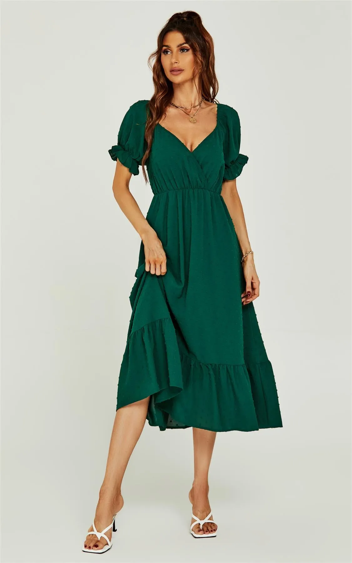 Puff Sleeve Wrap Style Midi Dress In Dark Green