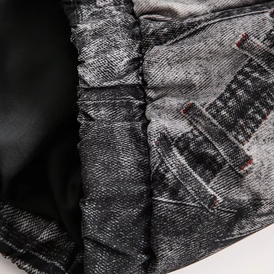 'Quilted' Patchwork Jean Print Puffer Jacket