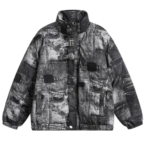 'Quilted' Patchwork Jean Print Puffer Jacket