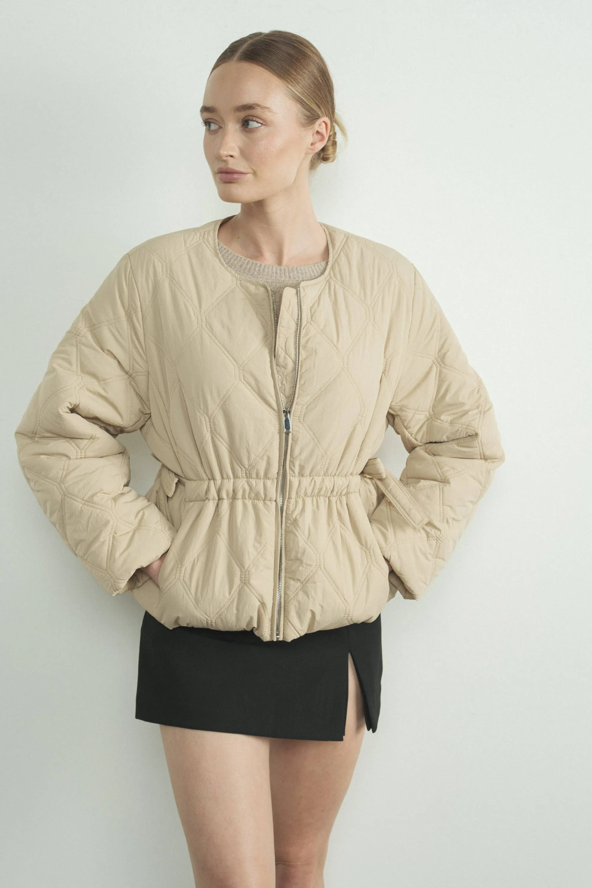 Quilted Zip Up Jacket With Side Bow Tie