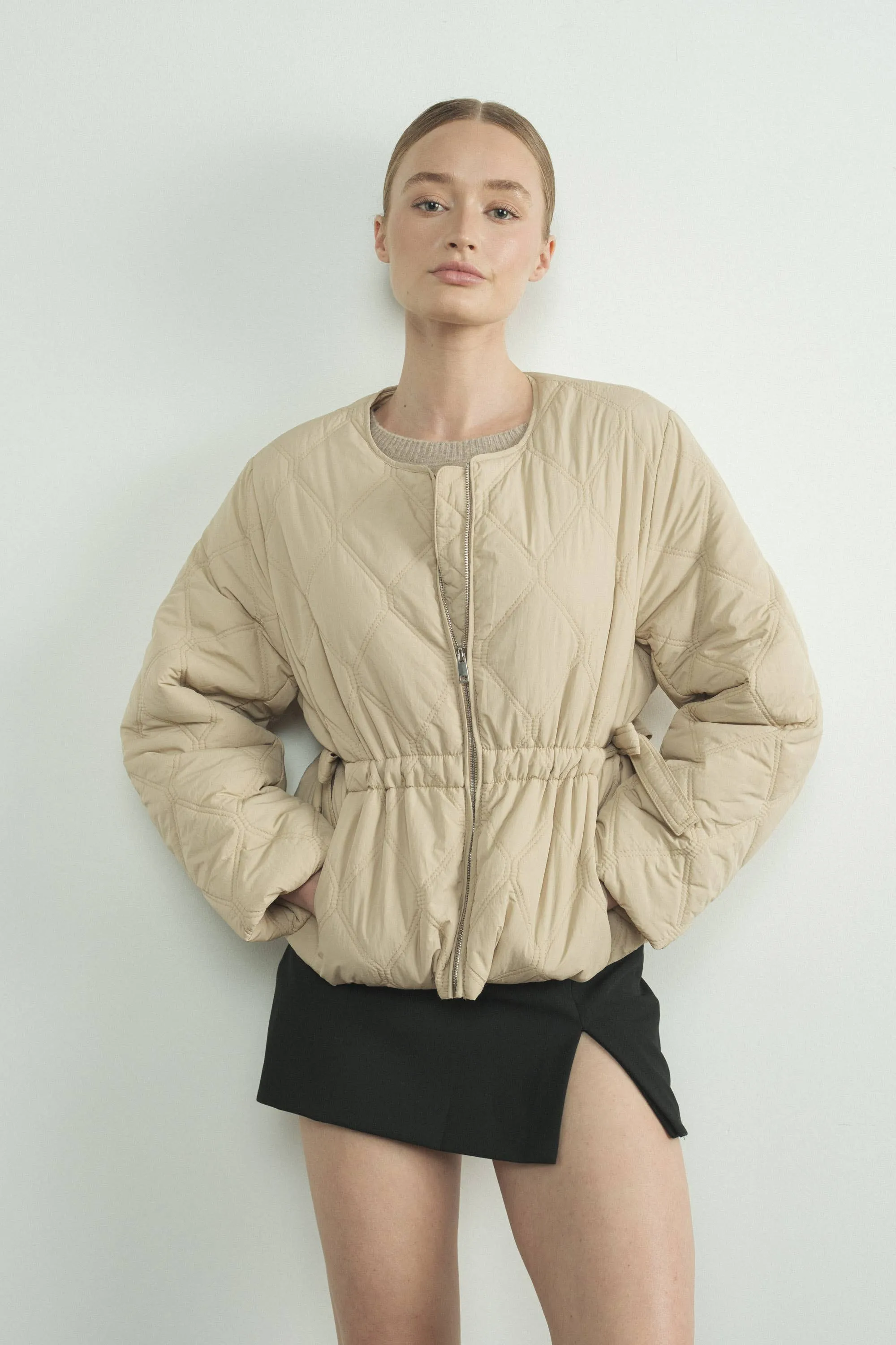 Quilted Zip Up Jacket With Side Bow Tie
