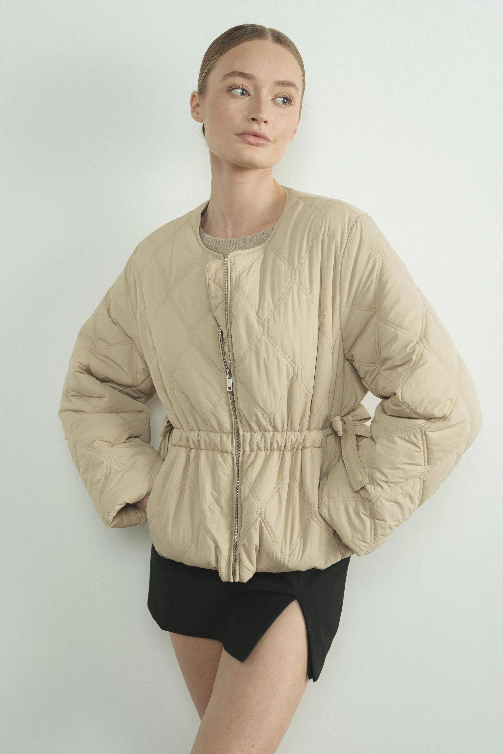 Quilted Zip Up Jacket With Side Bow Tie