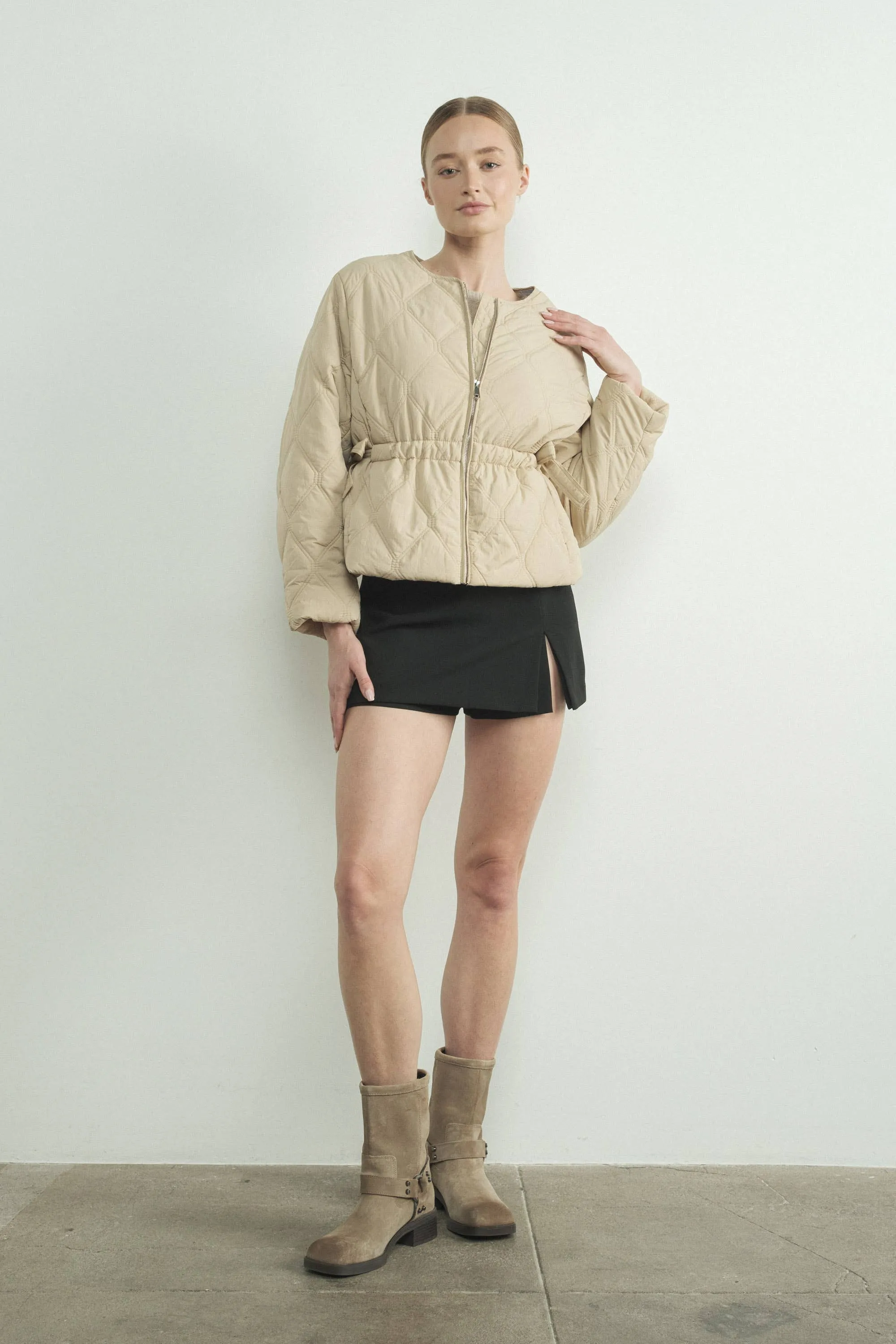 Quilted Zip Up Jacket With Side Bow Tie