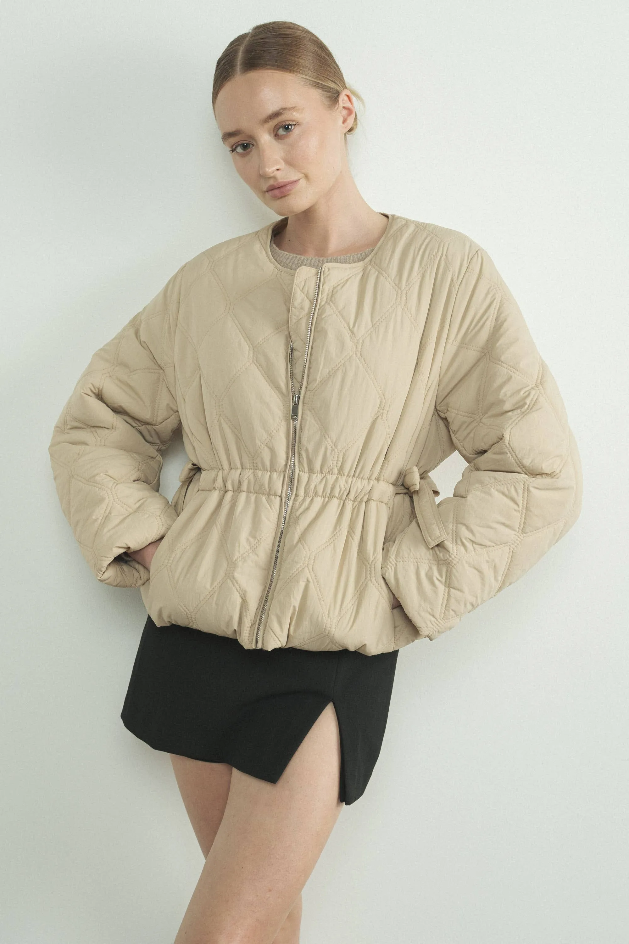Quilted Zip Up Jacket With Side Bow Tie