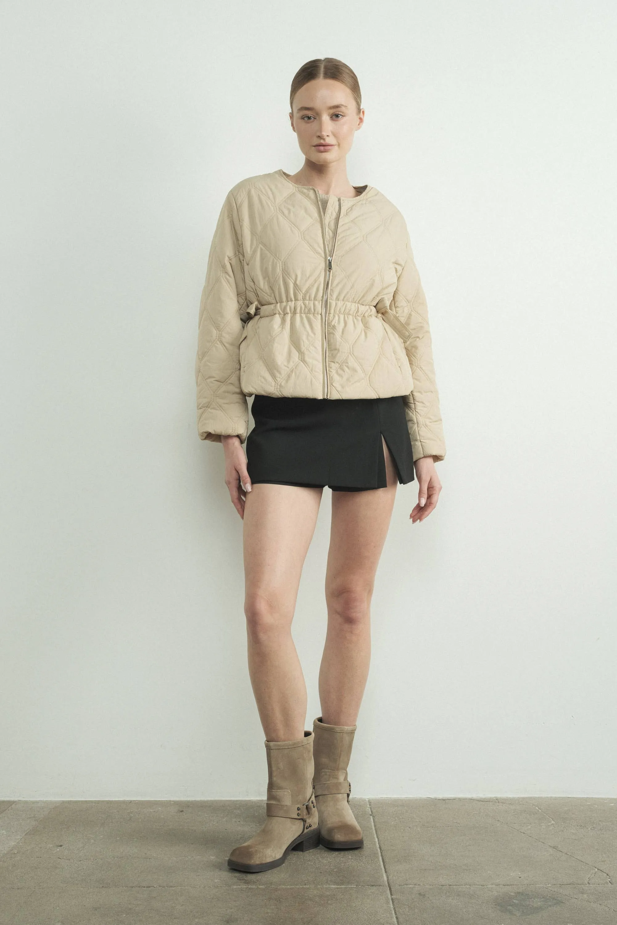 Quilted Zip Up Jacket With Side Bow Tie