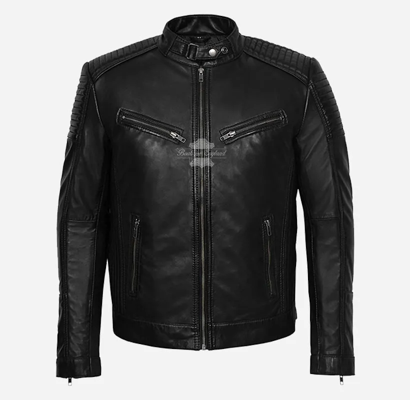 RAMBLE Mens Biker Style Leather Jacket Soft Real Leather Jacket