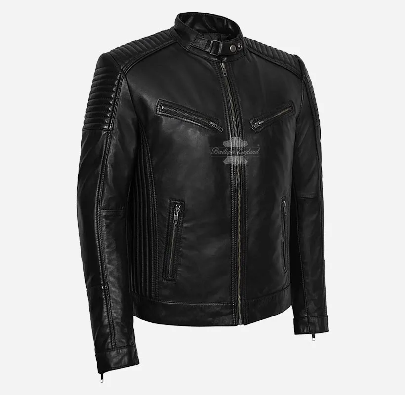 RAMBLE Mens Biker Style Leather Jacket Soft Real Leather Jacket