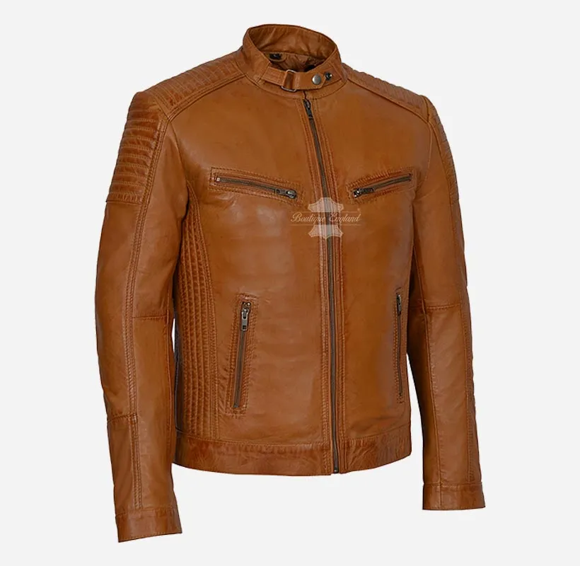 RAMBLE Mens Biker Style Leather Jacket Soft Real Leather Jacket