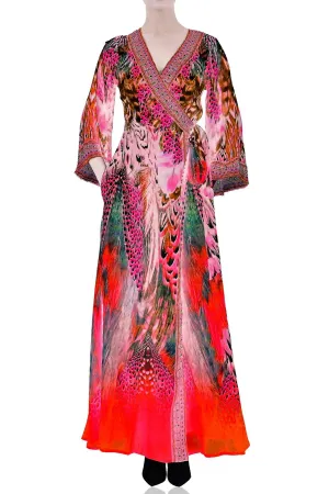 Red Maxi Wrap Long Sleeve Dress