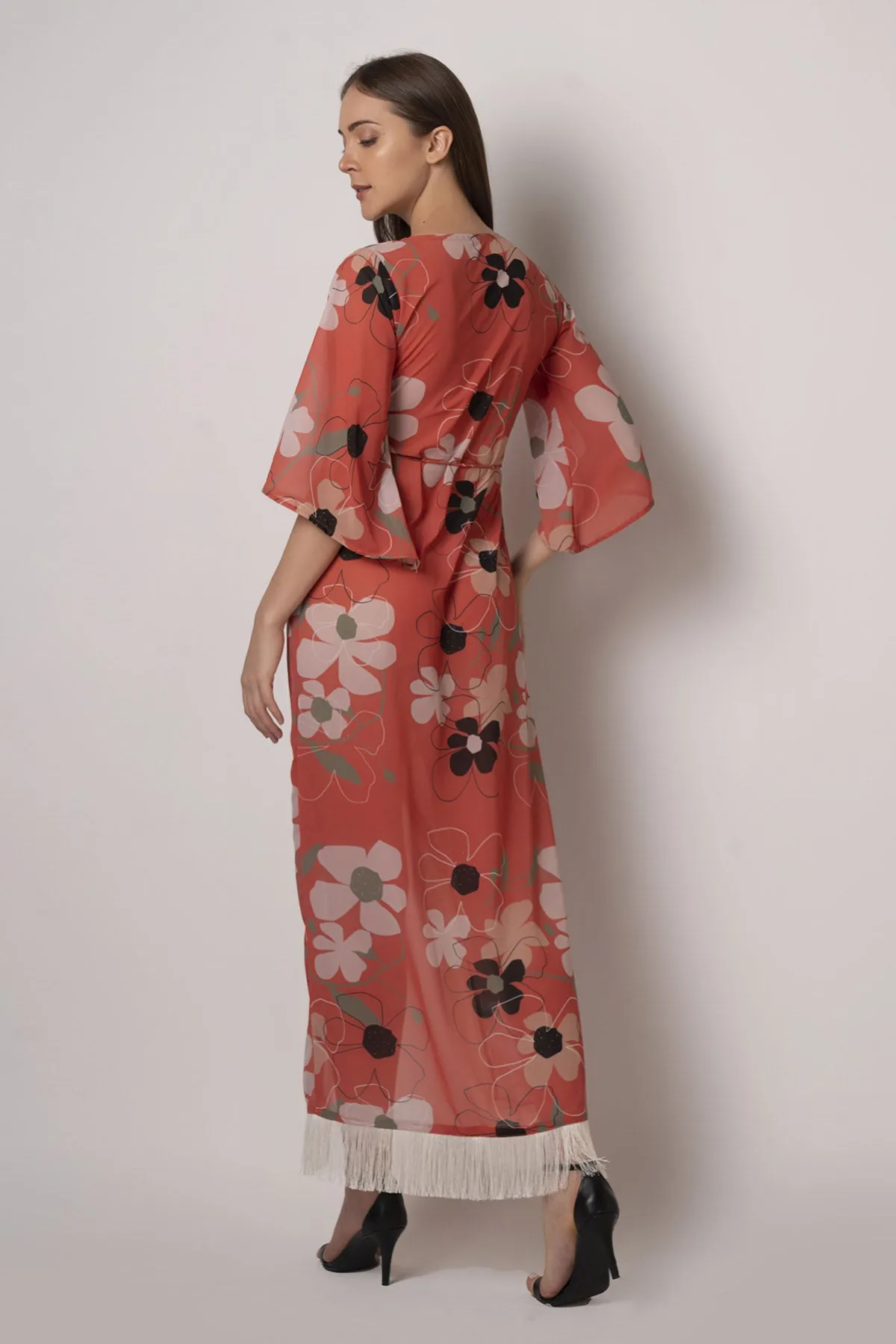 Rust Orange Floral Wrap Dress