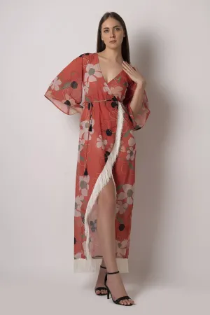 Rust Orange Floral Wrap Dress
