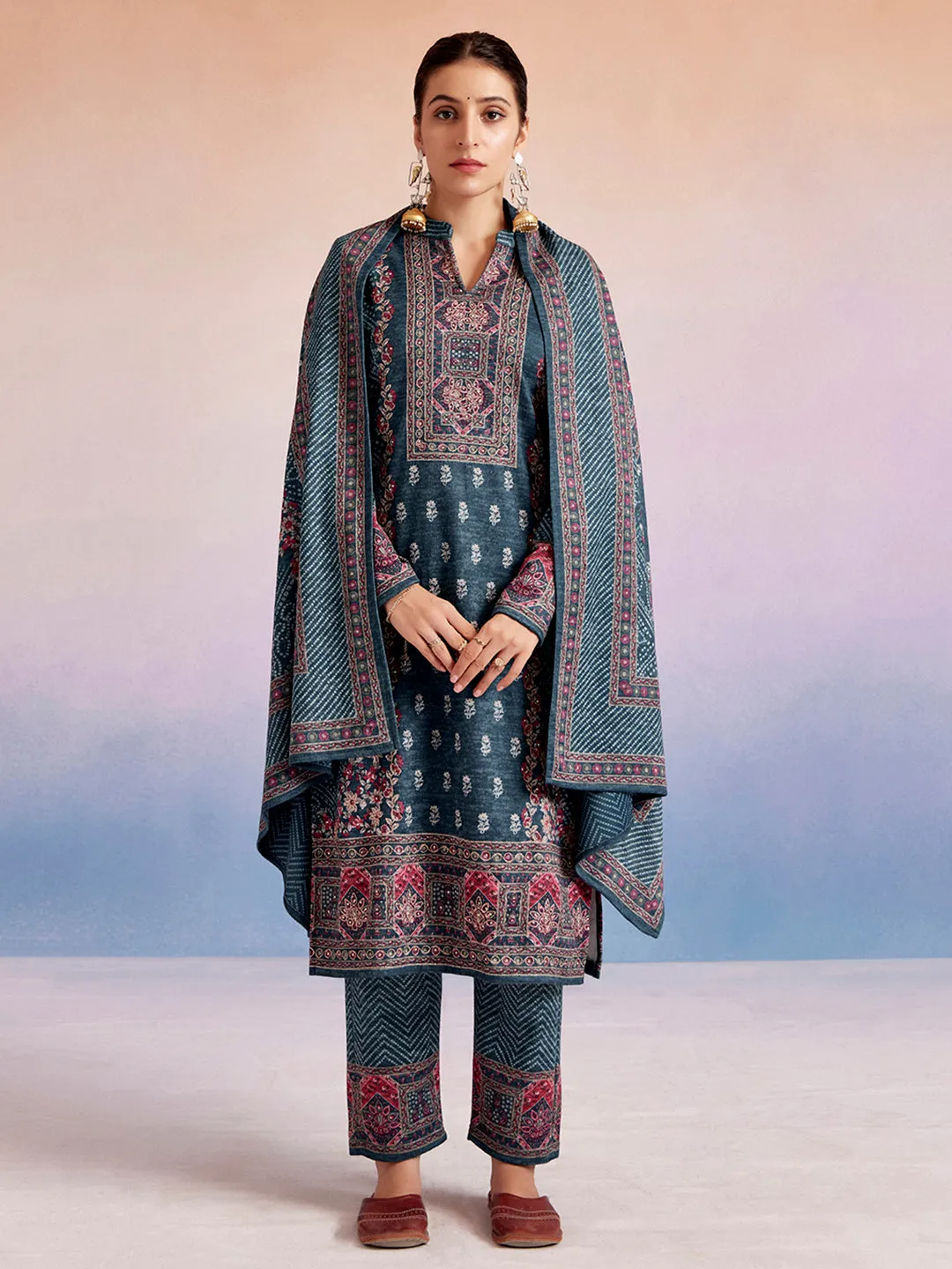 Sea Green Woolen Floral Printed Kurta Set With Dupatta