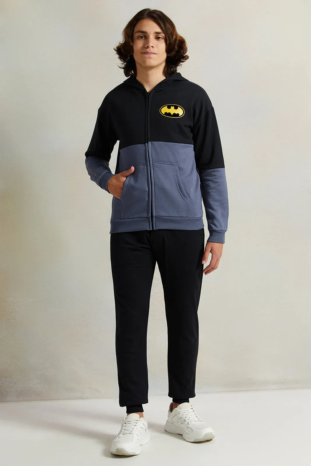 Senior Boys Black And Grey Printed Hooded Sweatshirt