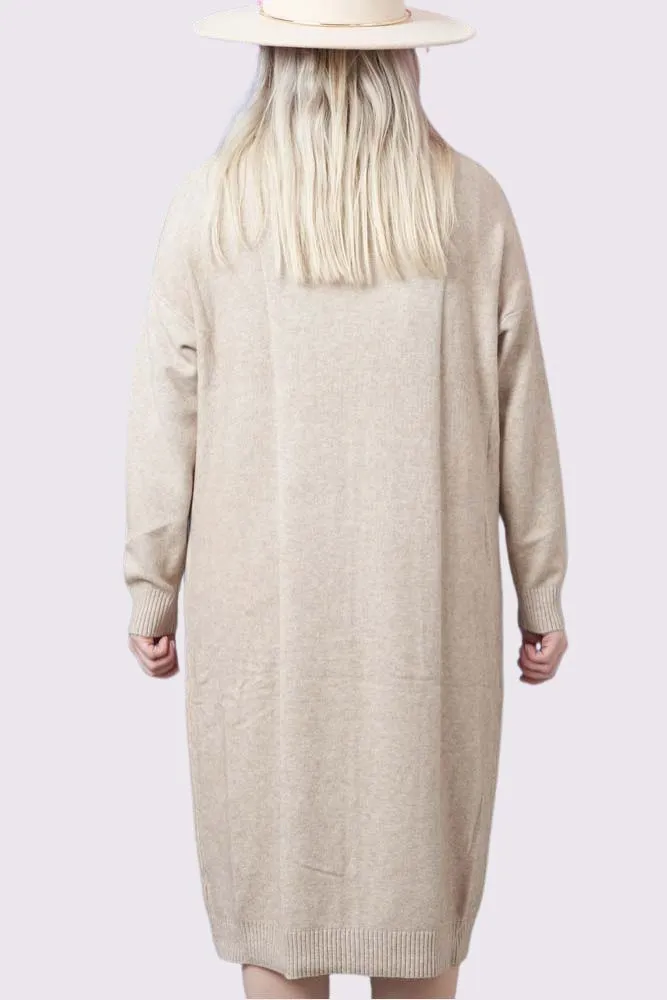 Soft Knit Front Pocket Ribbed Cuffed Hem Long Dress