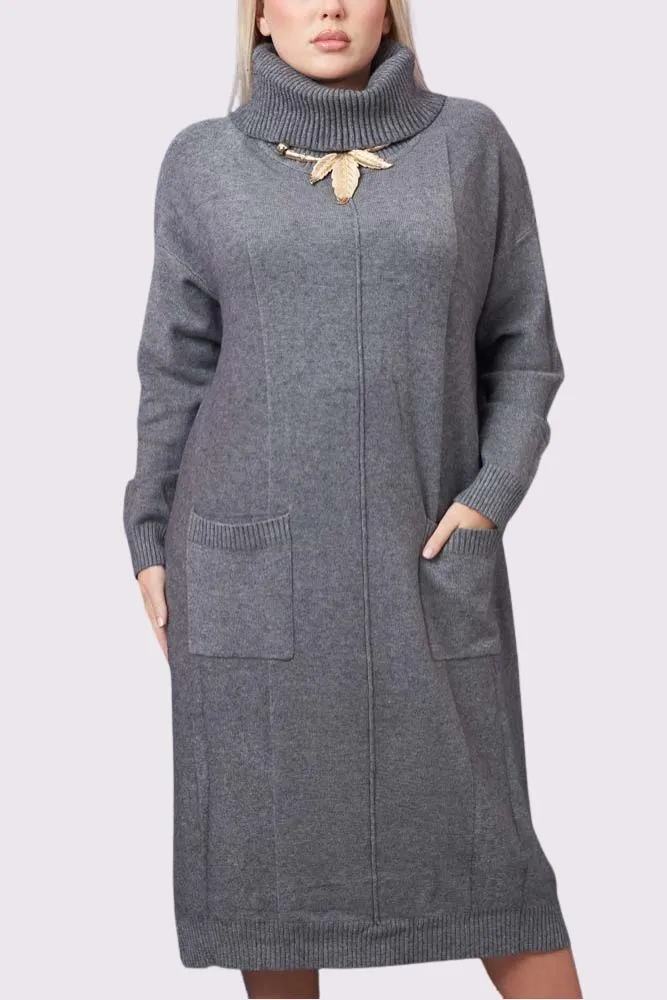 Soft Knit Front Pocket Ribbed Cuffed Hem Long Dress