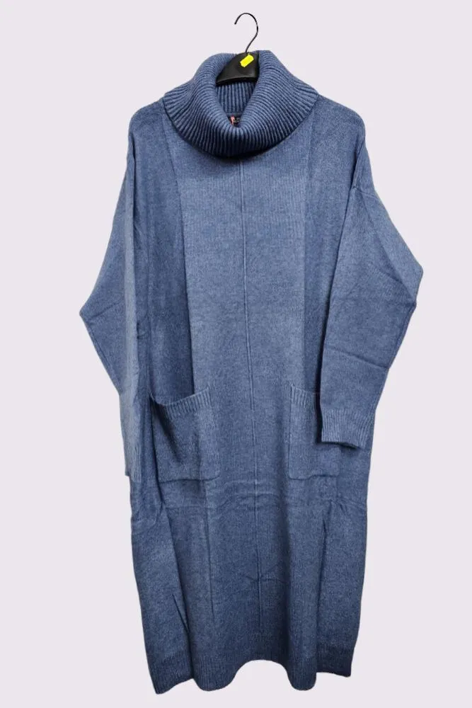 Soft Knit Front Pocket Ribbed Cuffed Hem Long Dress