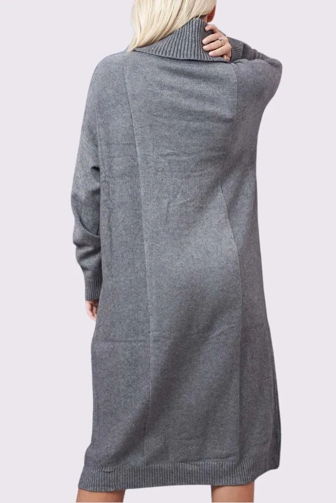 Soft Knit Front Pocket Ribbed Cuffed Hem Long Dress