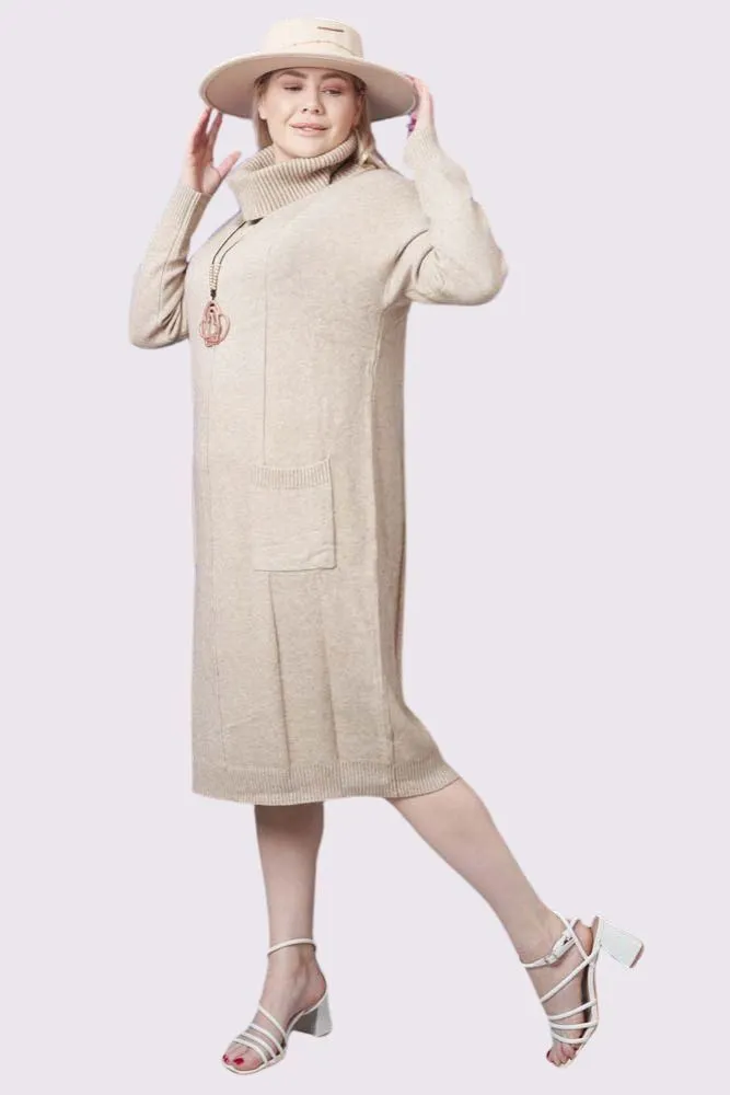 Soft Knit Front Pocket Ribbed Cuffed Hem Long Dress