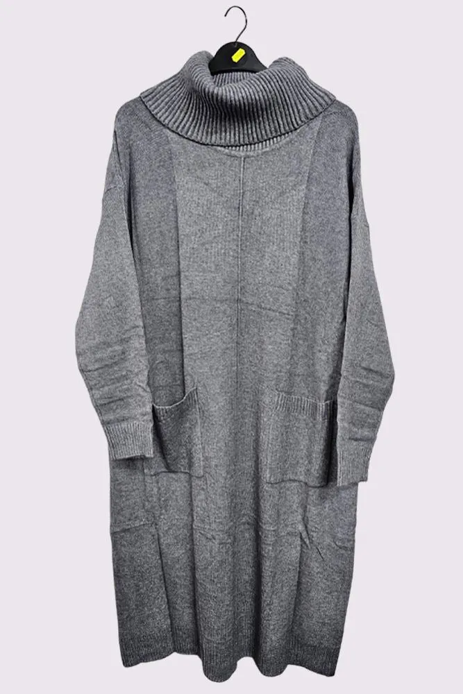 Soft Knit Front Pocket Ribbed Cuffed Hem Long Dress