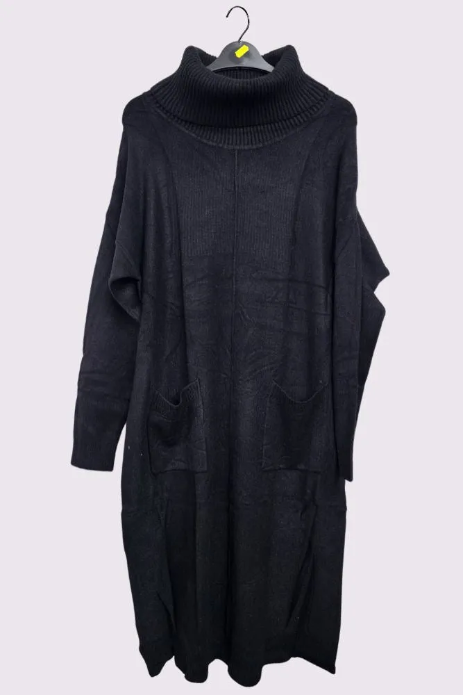 Soft Knit Front Pocket Ribbed Cuffed Hem Long Dress