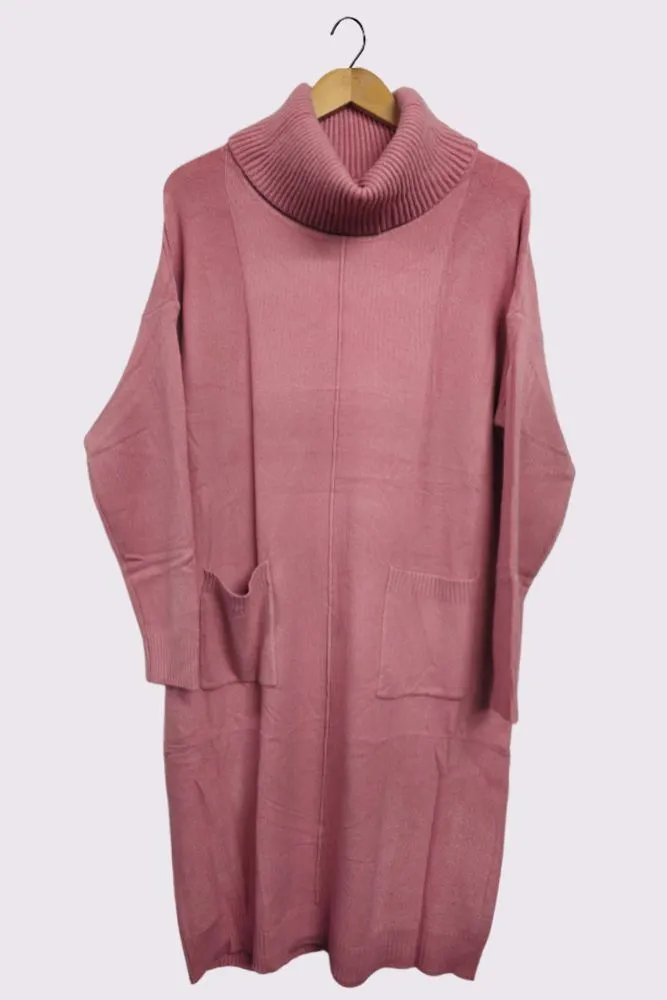Soft Knit Front Pocket Ribbed Cuffed Hem Long Dress