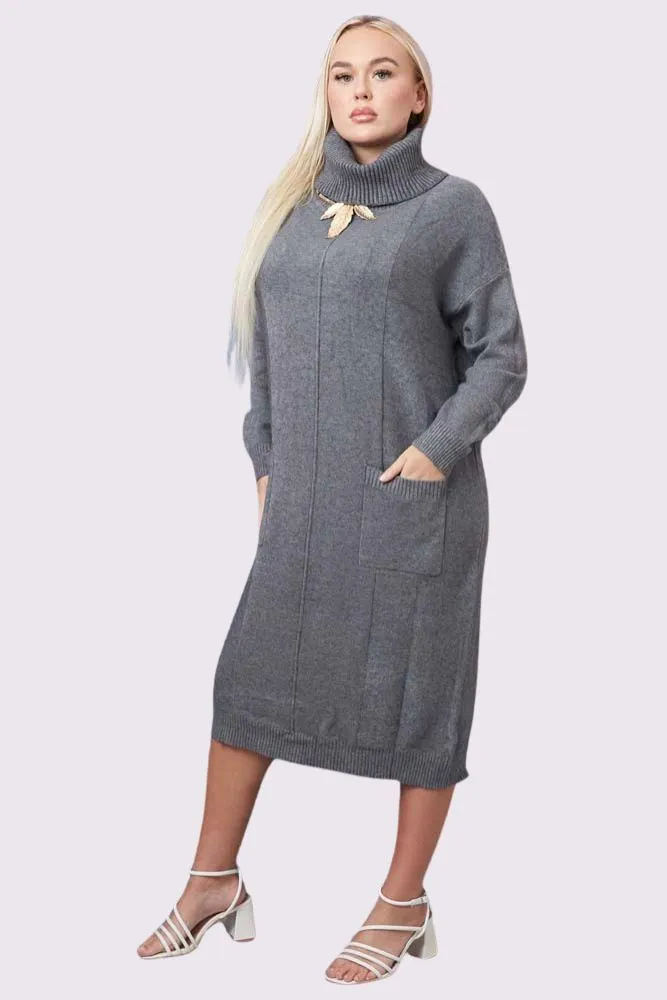 Soft Knit Front Pocket Ribbed Cuffed Hem Long Dress