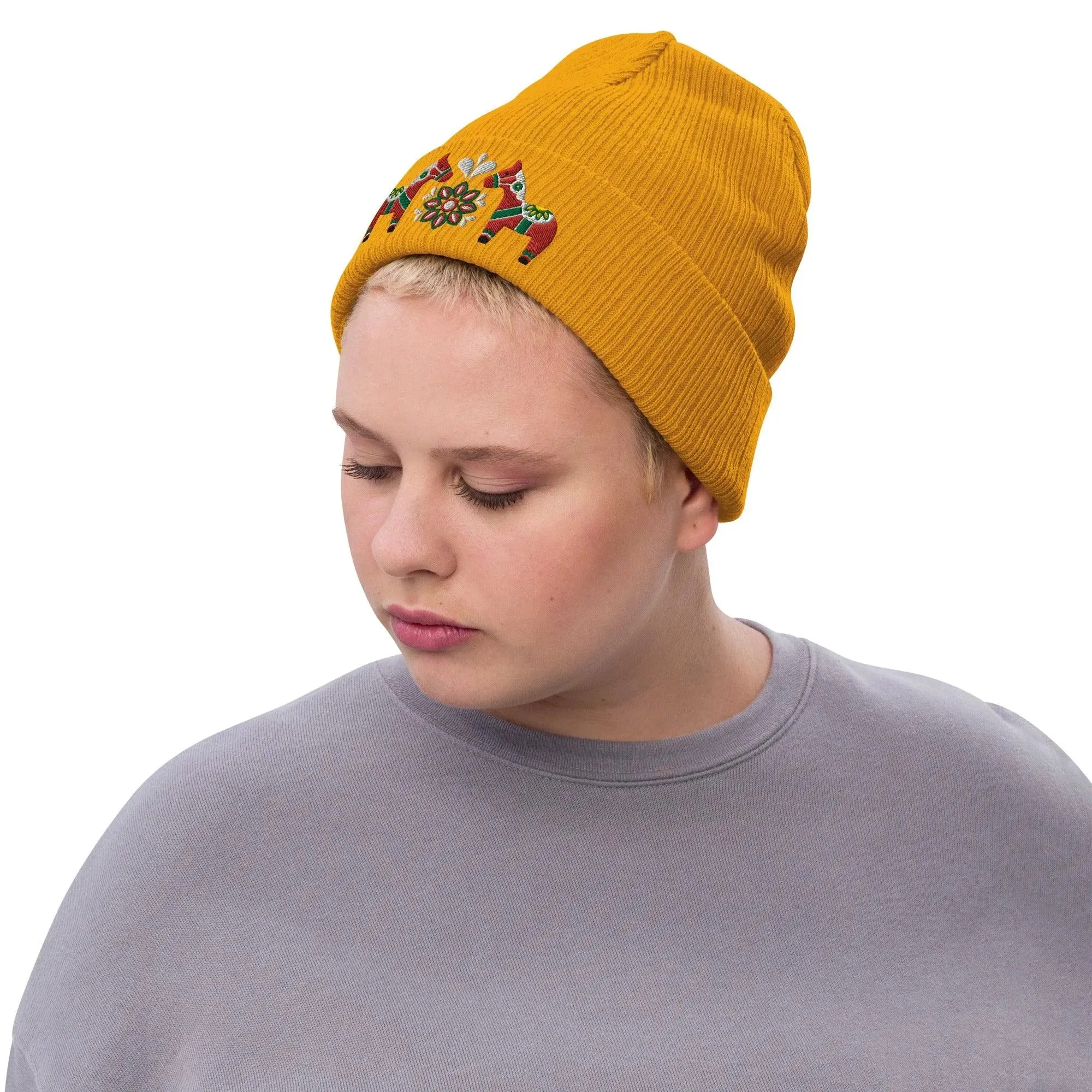 Swedish Dala Horse Embroidered Beanie - Red