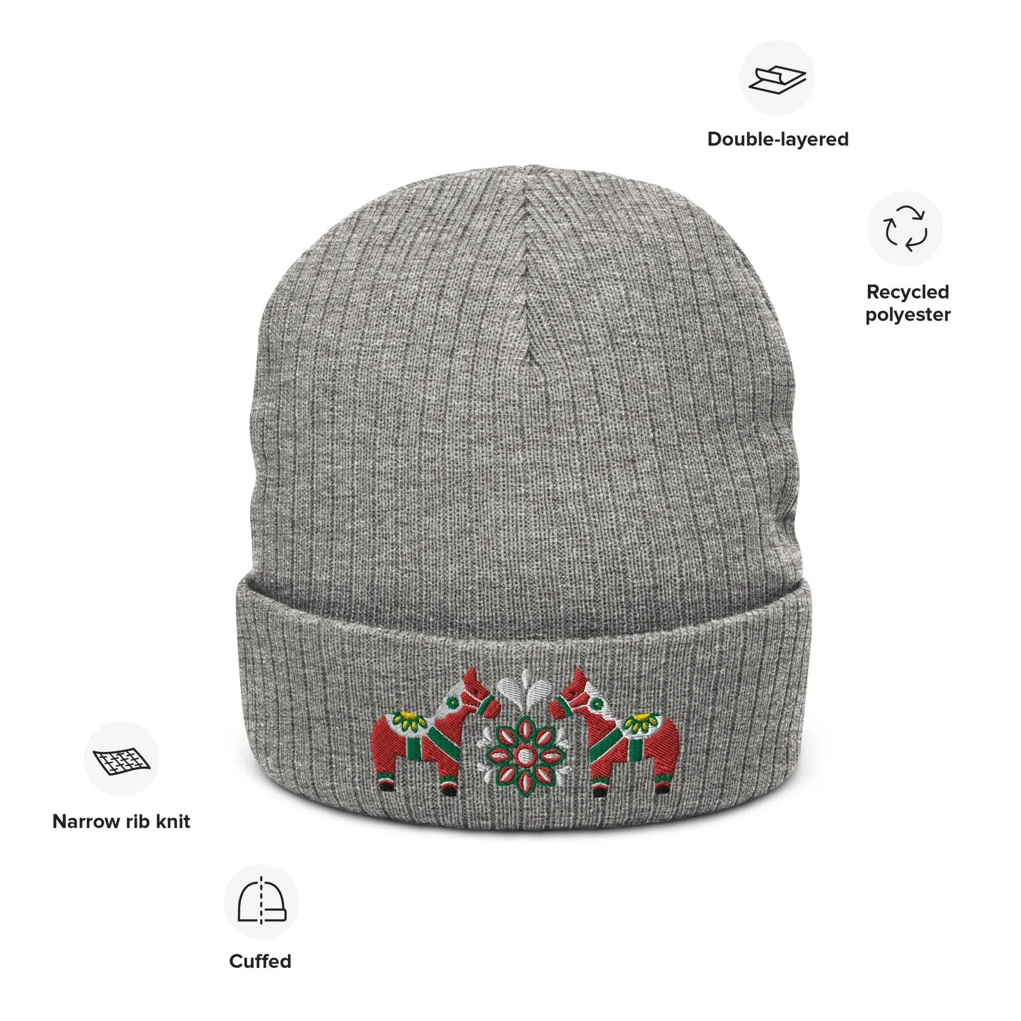 Swedish Dala Horse Embroidered Beanie - Red