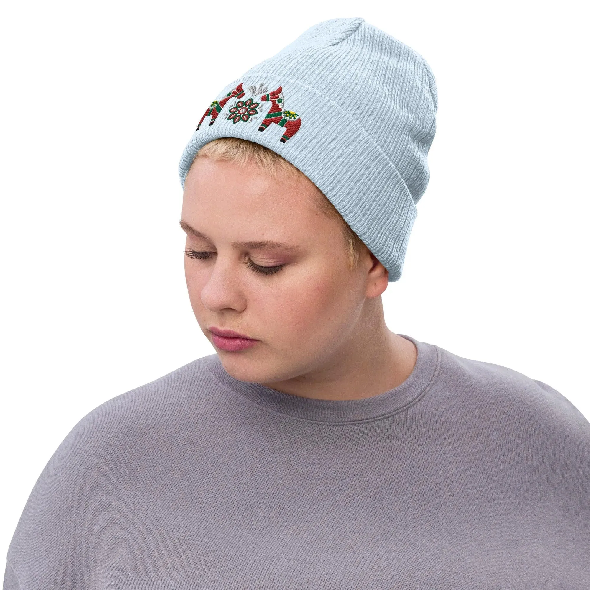 Swedish Dala Horse Embroidered Beanie - Red