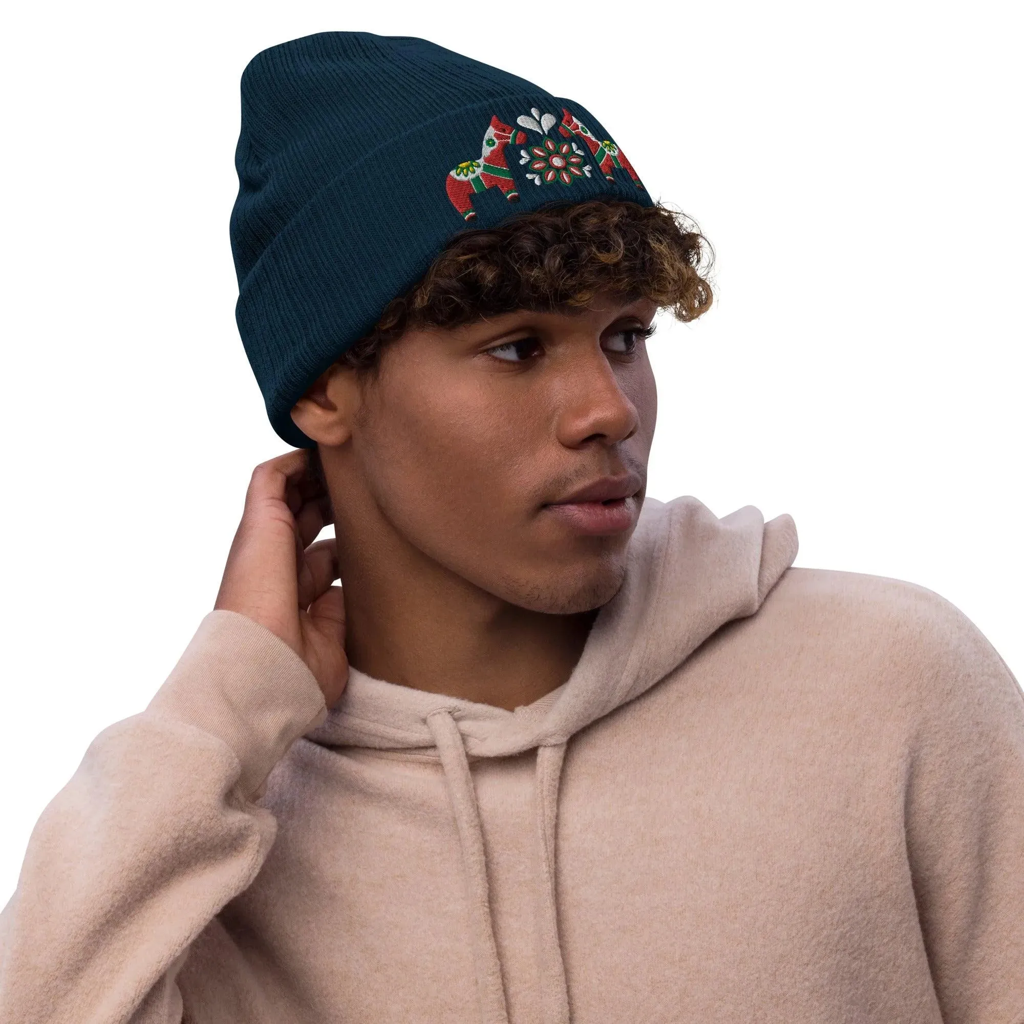 Swedish Dala Horse Embroidered Beanie - Red