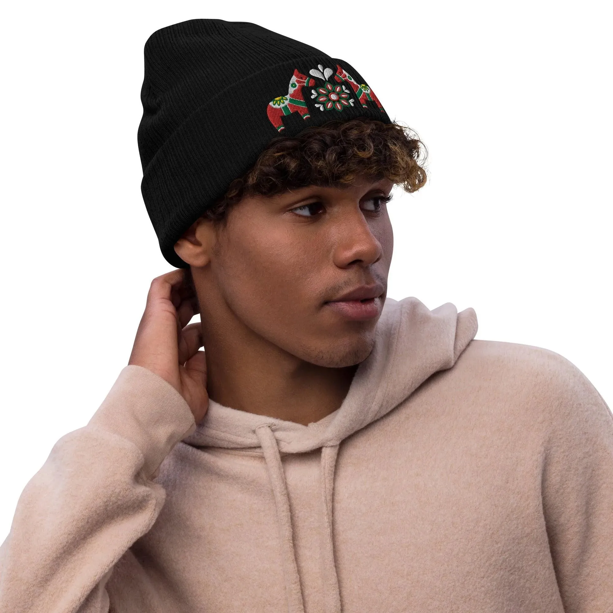 Swedish Dala Horse Embroidered Beanie - Red