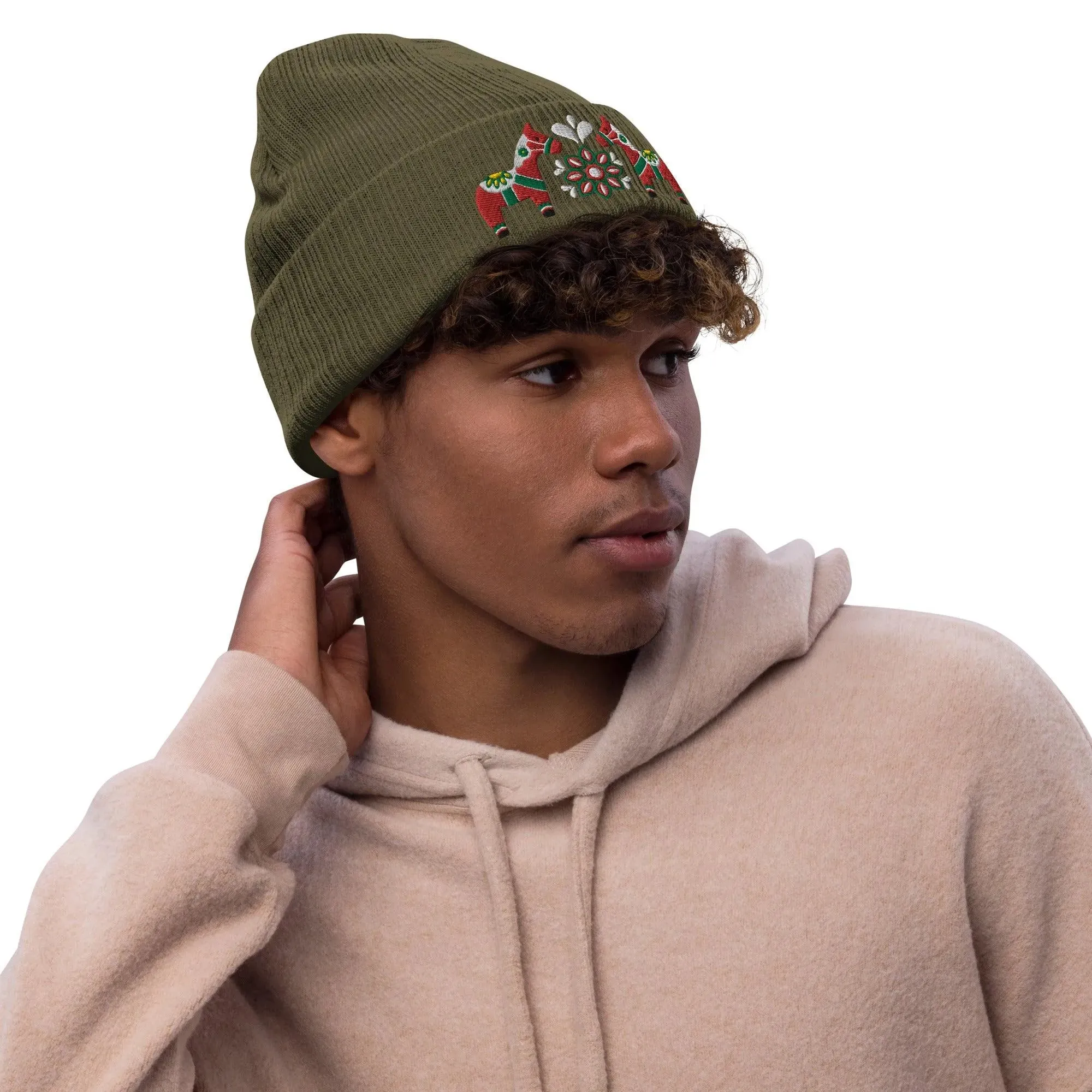 Swedish Dala Horse Embroidered Beanie - Red