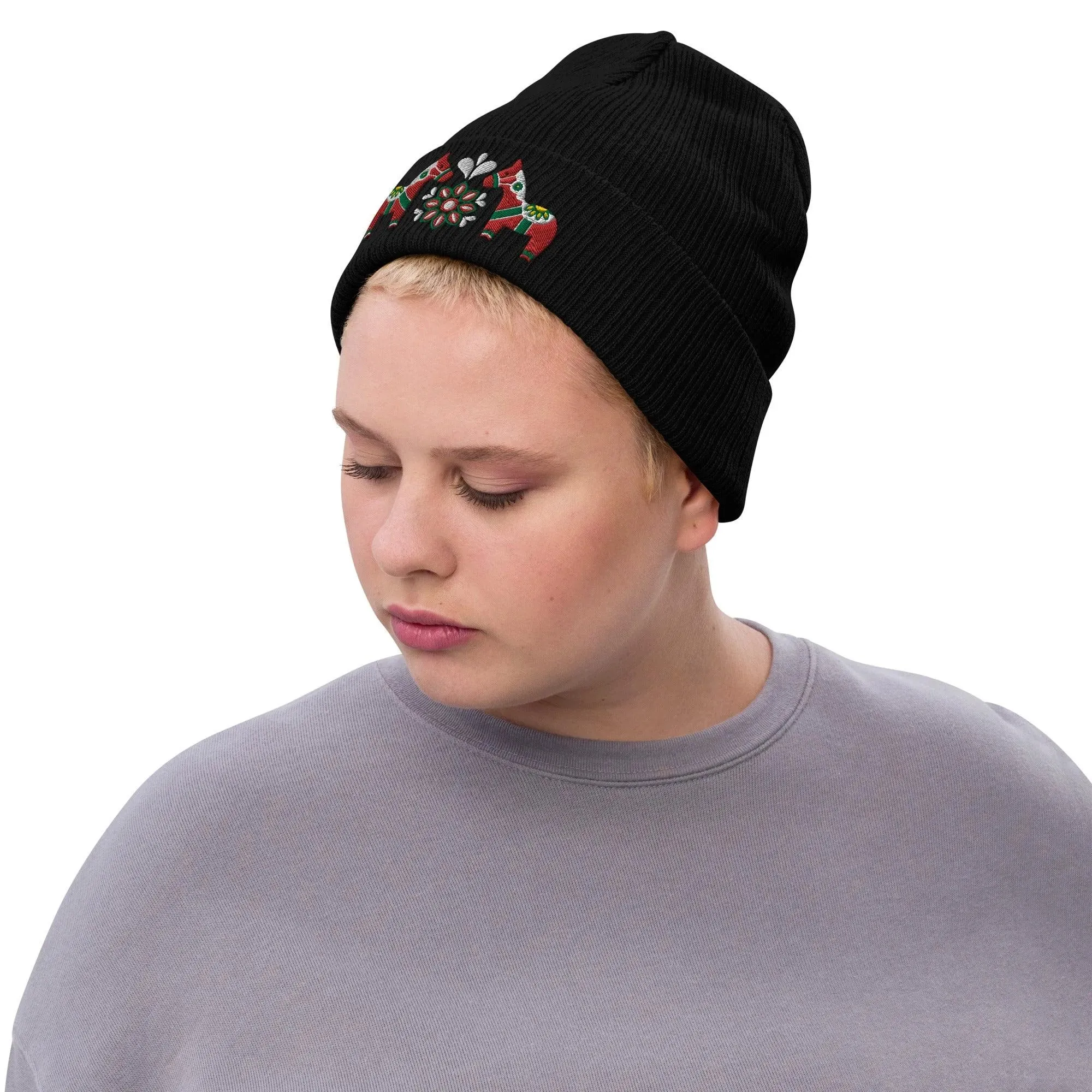 Swedish Dala Horse Embroidered Beanie - Red