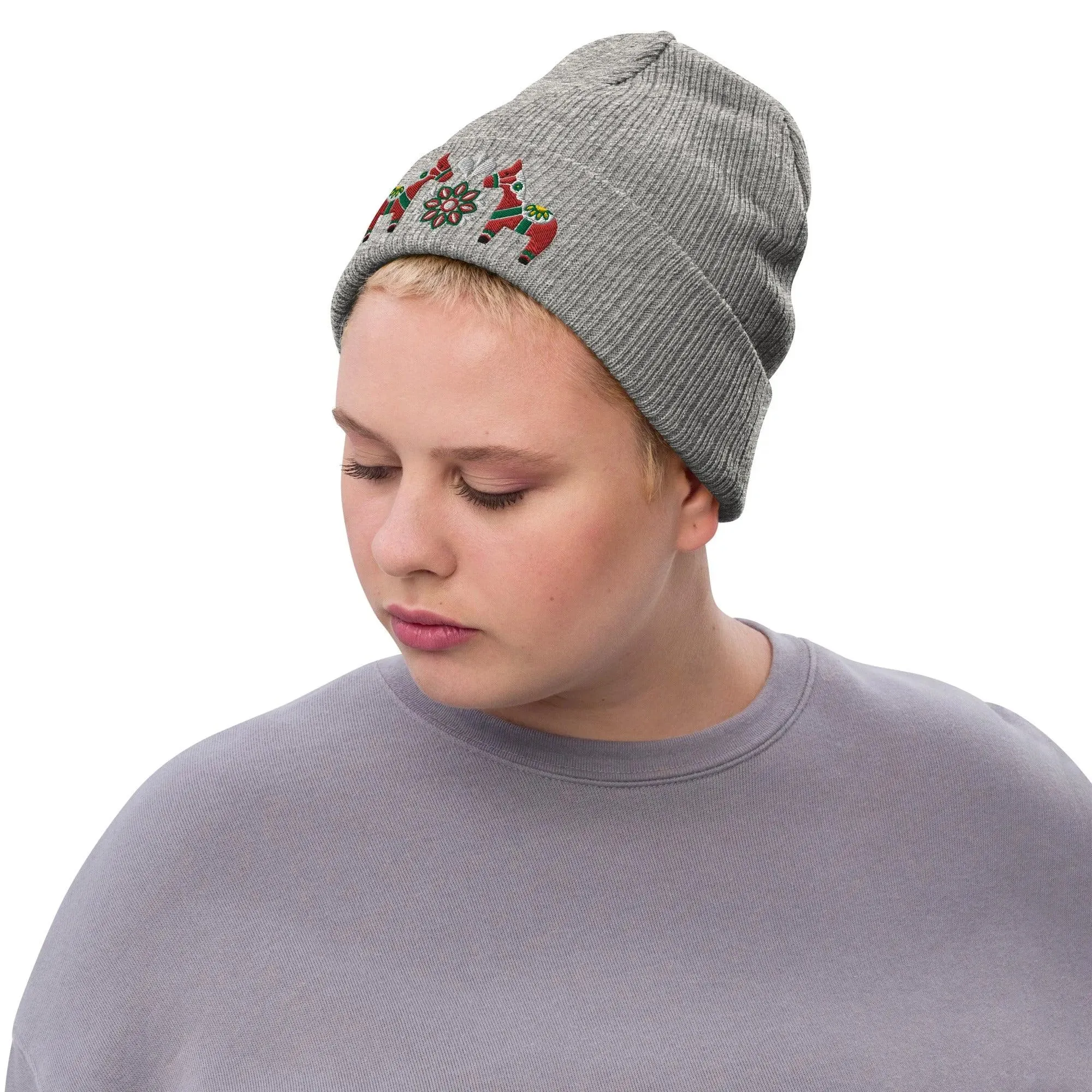 Swedish Dala Horse Embroidered Beanie - Red