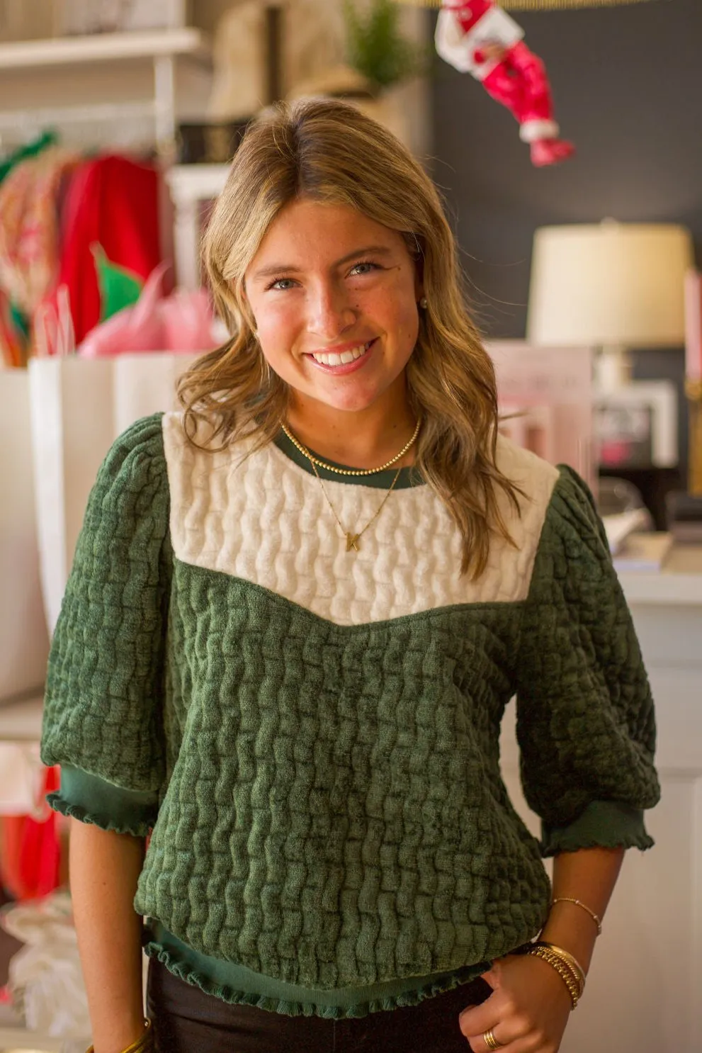 Textured Ruffle Band Contrast Yoke Top