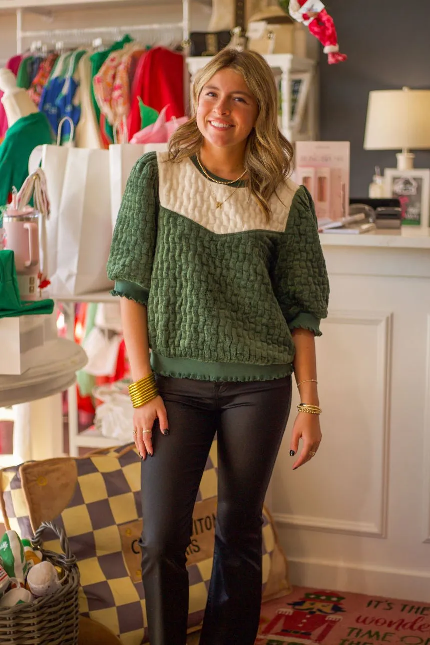 Textured Ruffle Band Contrast Yoke Top