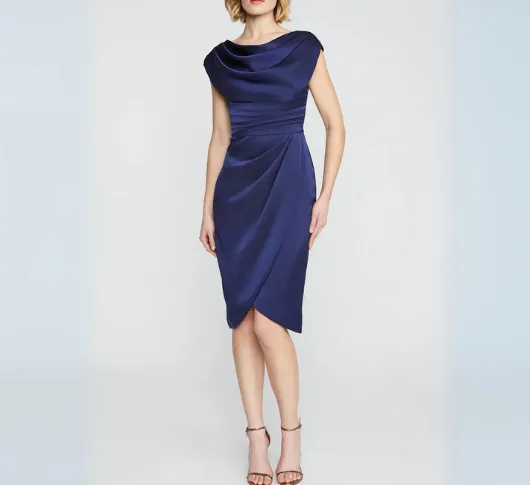 Theia - Ivy Drape Front Bateau Neck Cocktail Dress in Navy