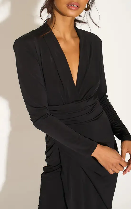 Timeless Wrap Midi Dress with Front Slit in Classic Black