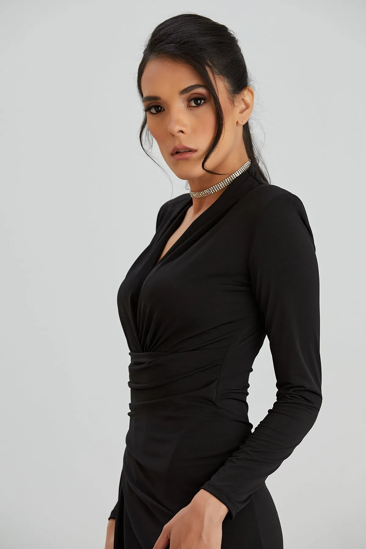 Timeless Wrap Midi Dress with Front Slit in Classic Black