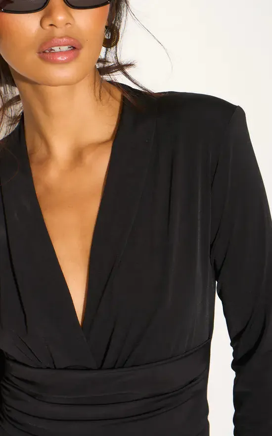 Timeless Wrap Midi Dress with Front Slit in Classic Black