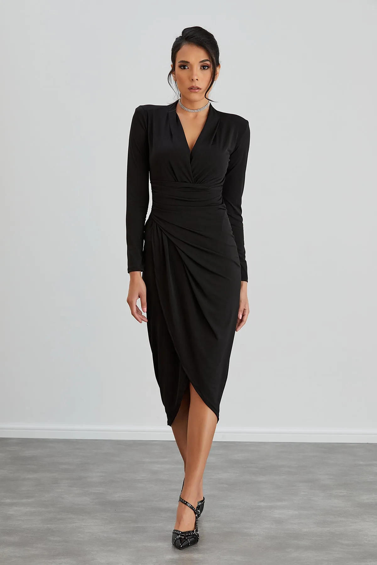 Timeless Wrap Midi Dress with Front Slit in Classic Black