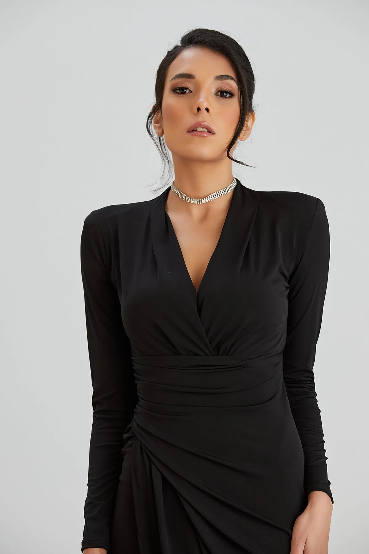 Timeless Wrap Midi Dress with Front Slit in Classic Black