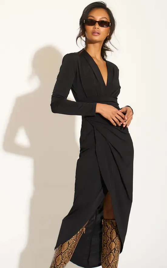 Timeless Wrap Midi Dress with Front Slit in Classic Black