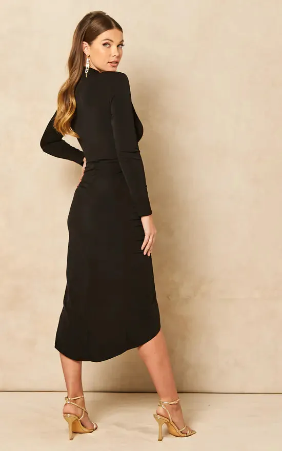 Timeless Wrap Midi Dress with Front Slit in Classic Black