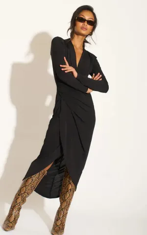 Timeless Wrap Midi Dress with Front Slit in Classic Black