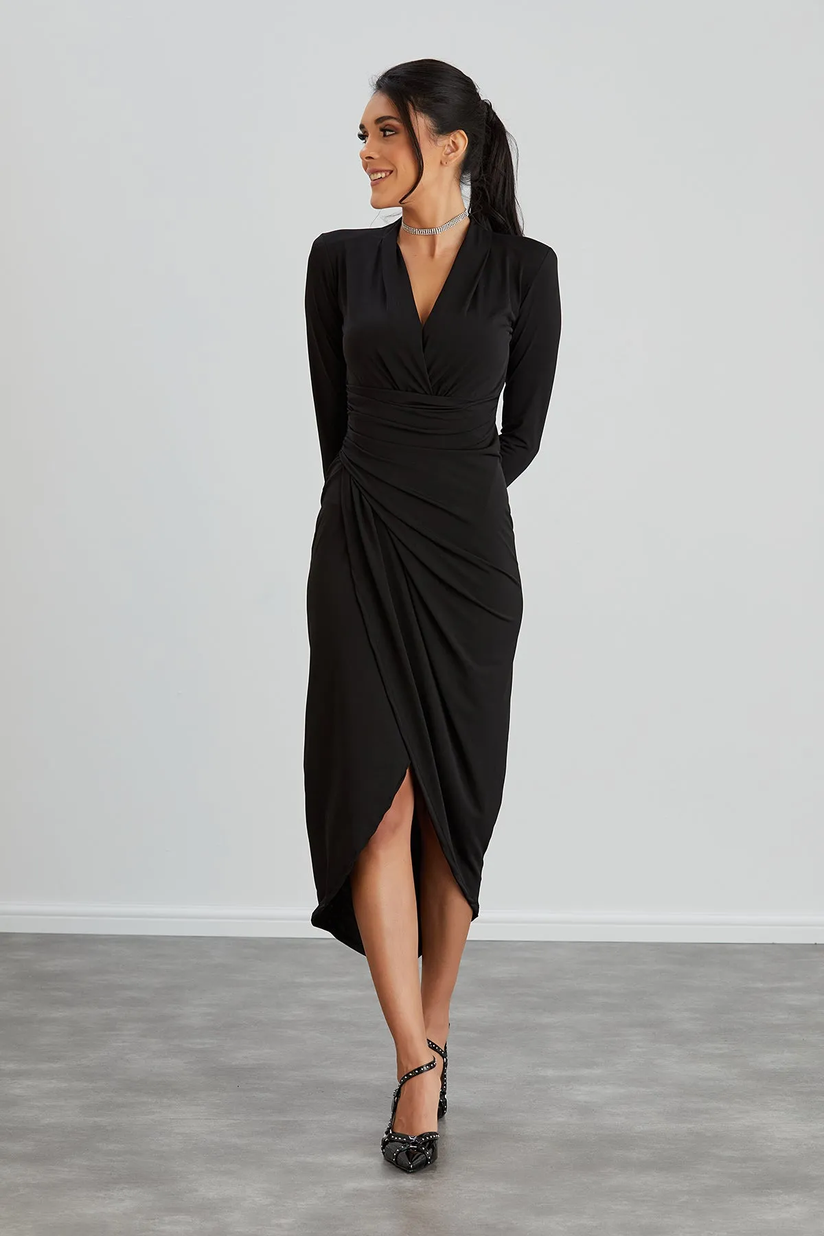 Timeless Wrap Midi Dress with Front Slit in Classic Black