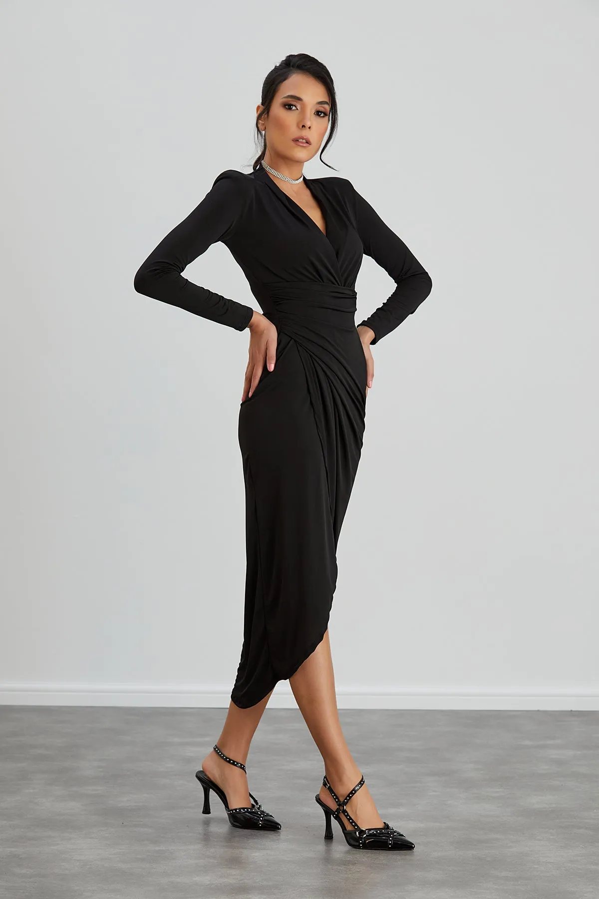 Timeless Wrap Midi Dress with Front Slit in Classic Black