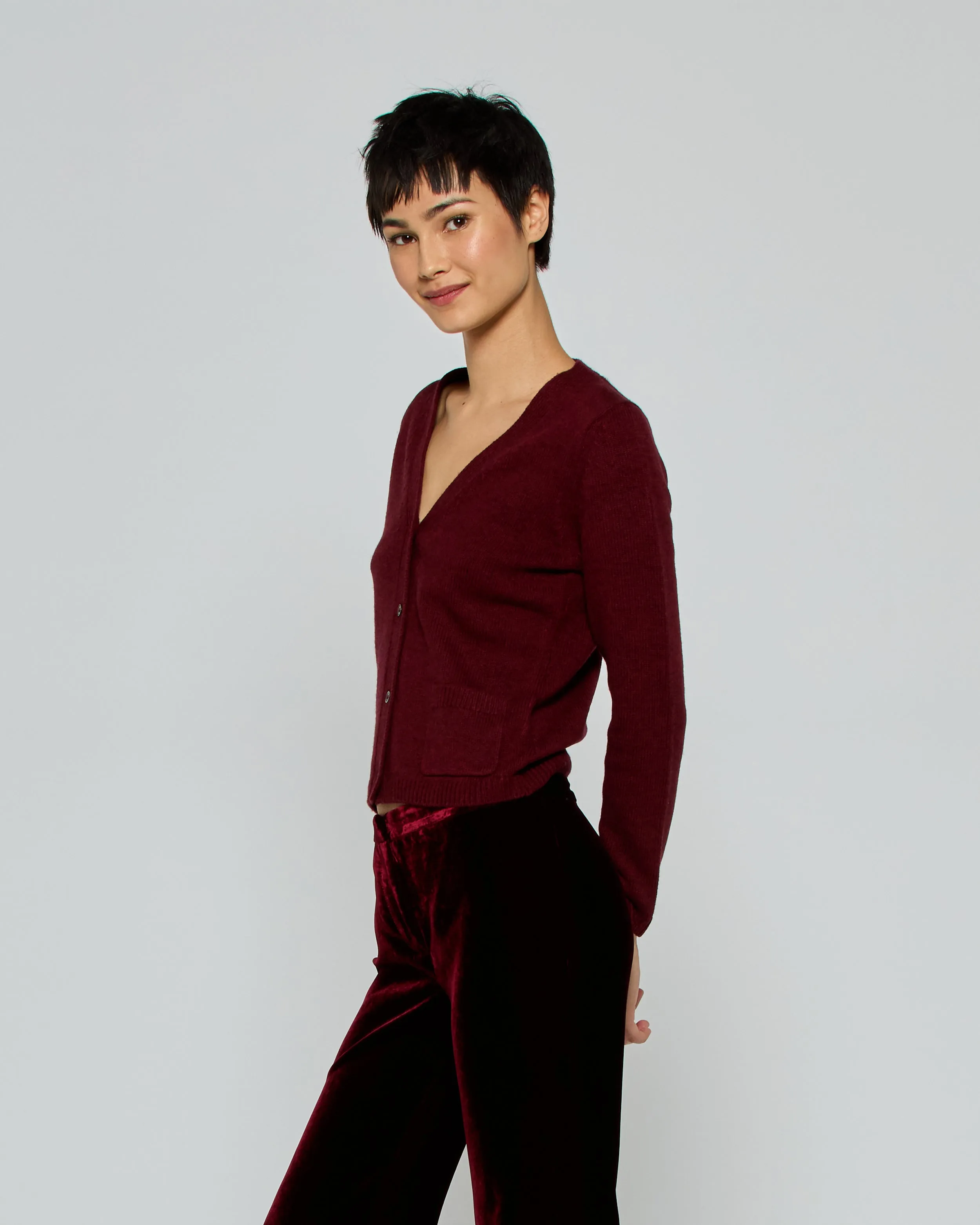 V-Neck Pocket Cardigan - Burgundy